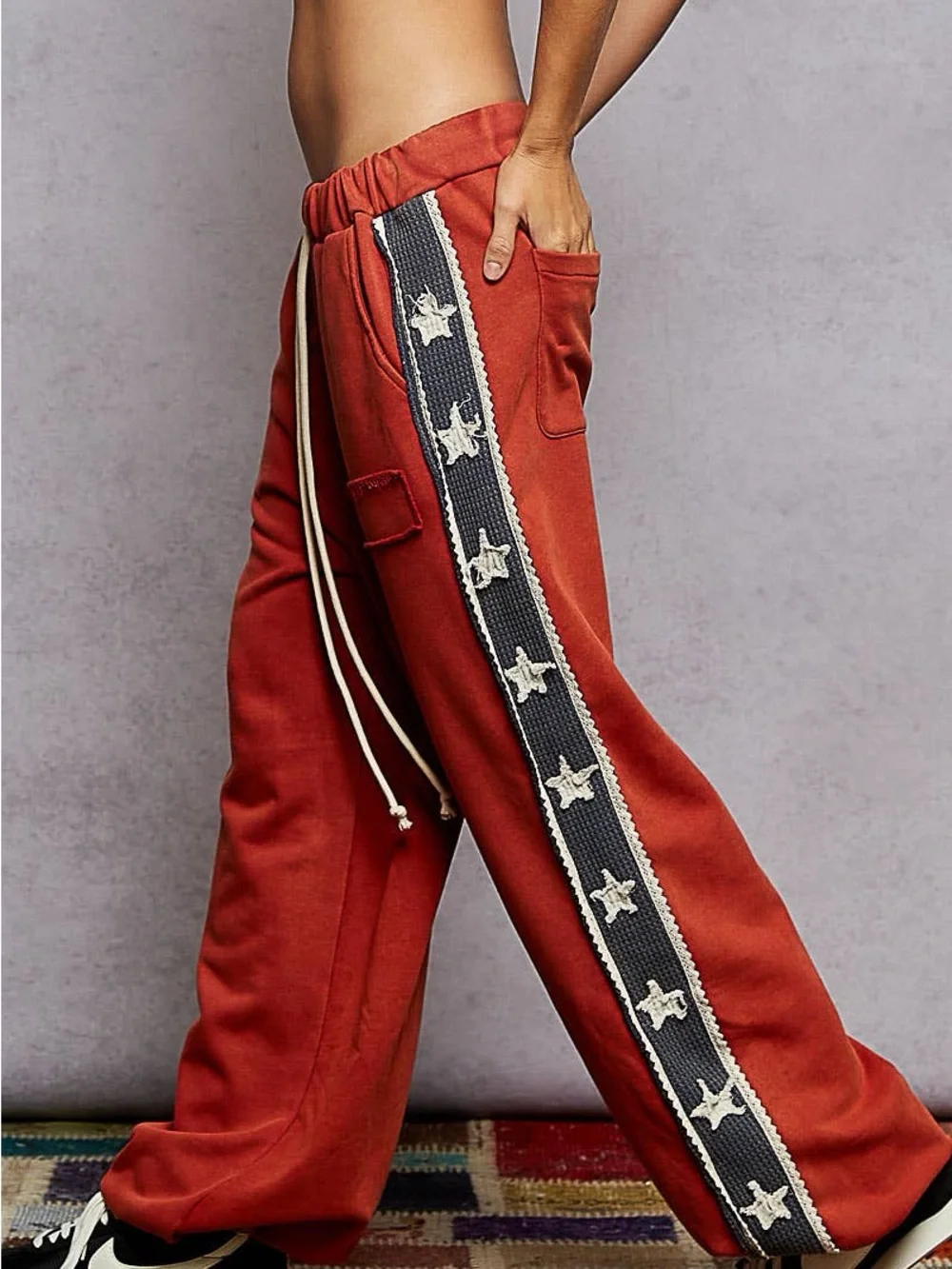 French terry striped patch trim star patch knit pants